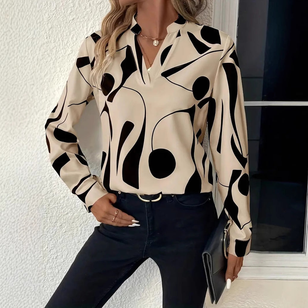 Women's Printed Notched Collar Shirt Long Sleeve