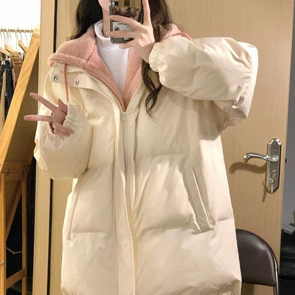 Fake Two-pieces Coats Women's Loose Hooded Thickened Warm Quilted Jacket Cotton-padded Coat