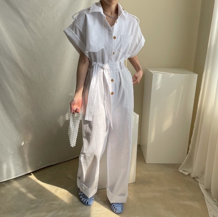 Temperament Lapel Single Breasted Lace Up Waist Multi Pocket Tooling Wide Leg Jumpsuit