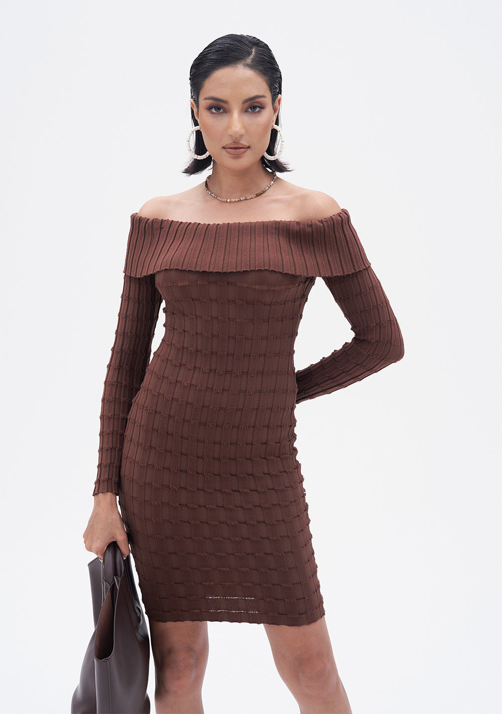 European And American-style Cold-shoulder Bodycon Knitted Dress With High Sense