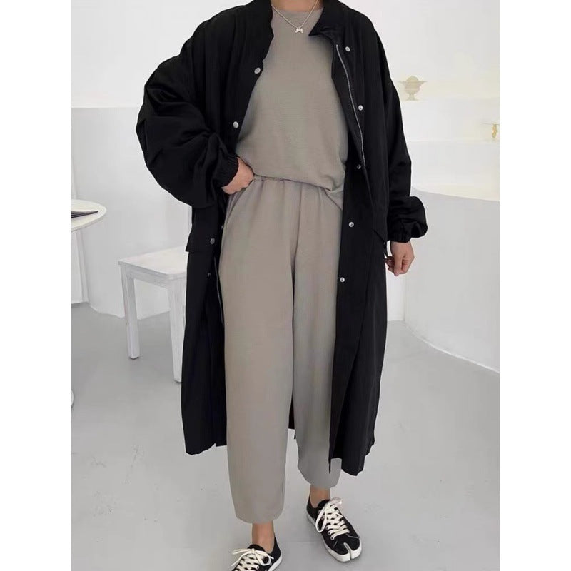 Autumn Winter Retro Idle Style Stand Collar Single-breasted Loose Long Sleeve Trench Coat Women