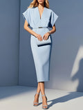 Elegant Classic V-neck Slim-fit Mid-length With Belt Dress