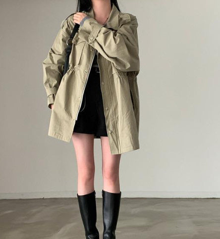 Chic Autumn Idle Style Mid-length Loose Single-breasted Lapel Overall Trench Coat
