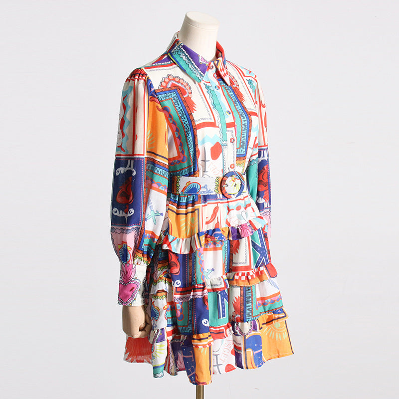 Retro Printing Lapel Single-breasted Waist Slimming Dress