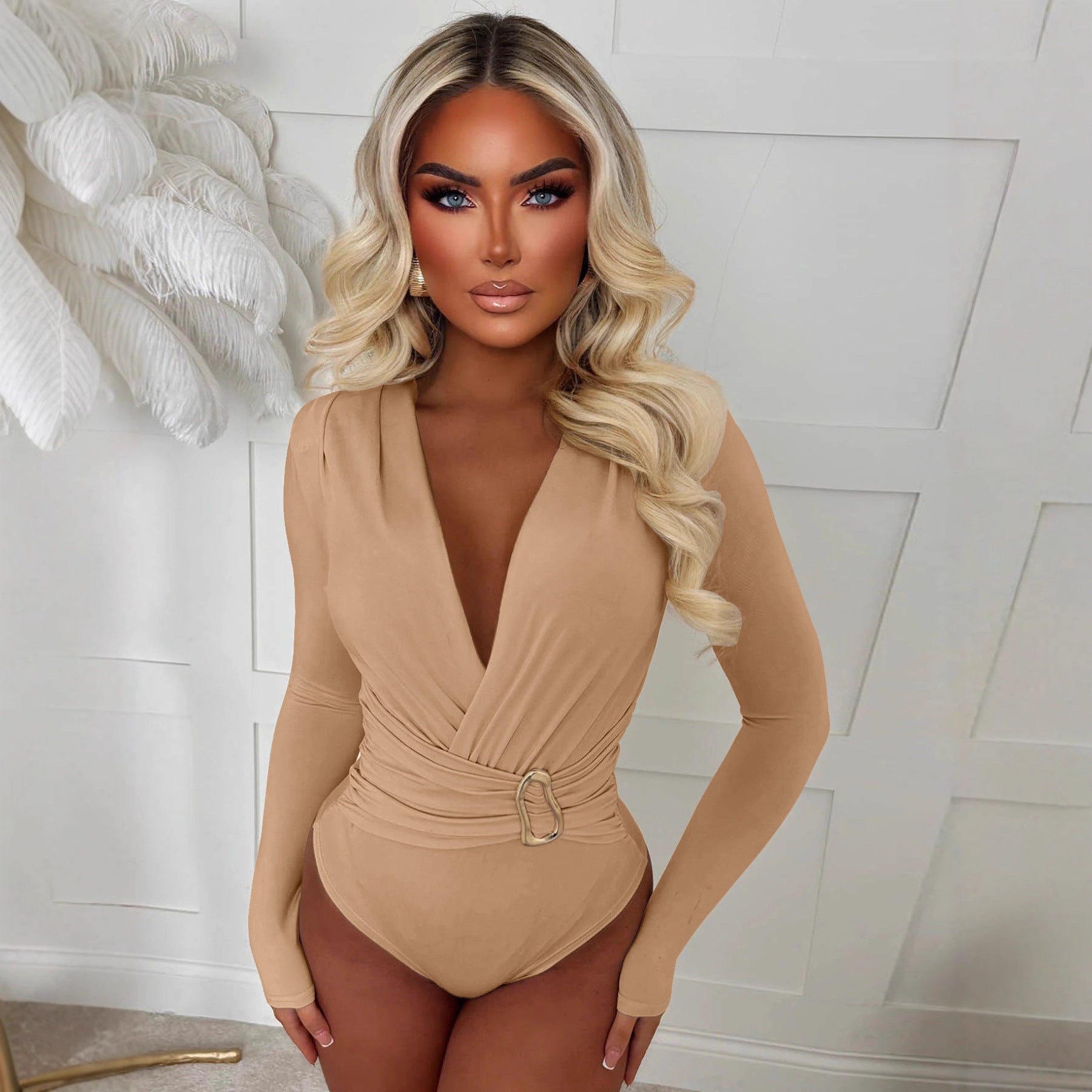 Fashion V-neck Tight Long-sleeved Bodysuit