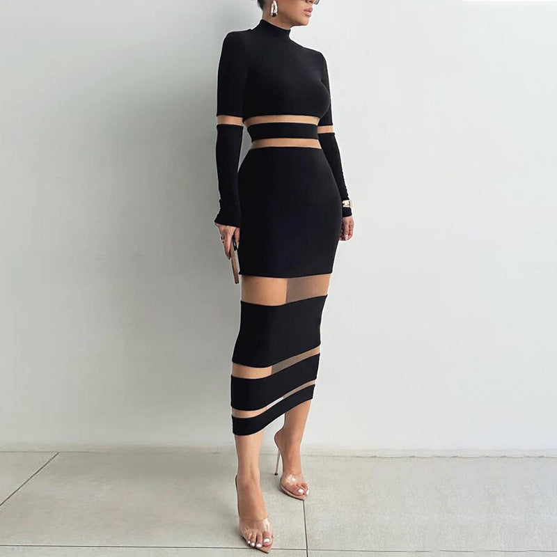 Mesh Patchwork Turtleneck High Waist Slim Long Dress