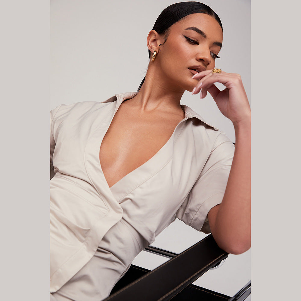 Deep V-neck Dress Temperament Lapel Shirt Skirt