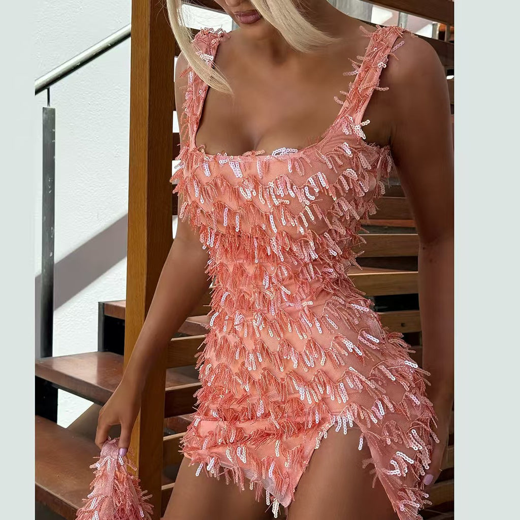 Off-the-shoulder Strap Hip Skirt Split Furry Dress