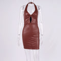 V-neck Hollow Out Backpack Hip Halter PU Leather Short Skirt