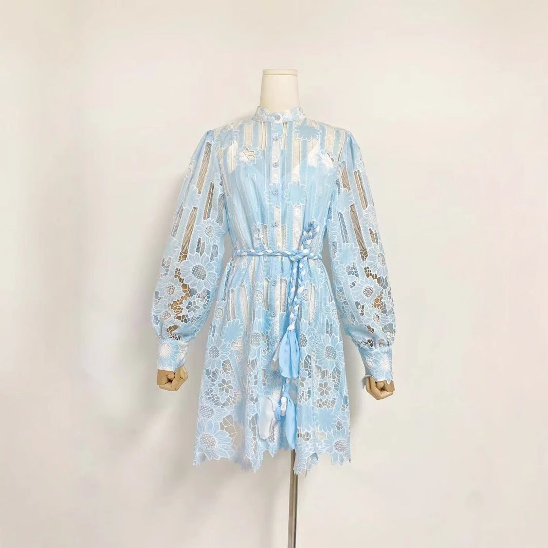 Single-breasted Woven Belt Flower Embroidery Hollow Dress