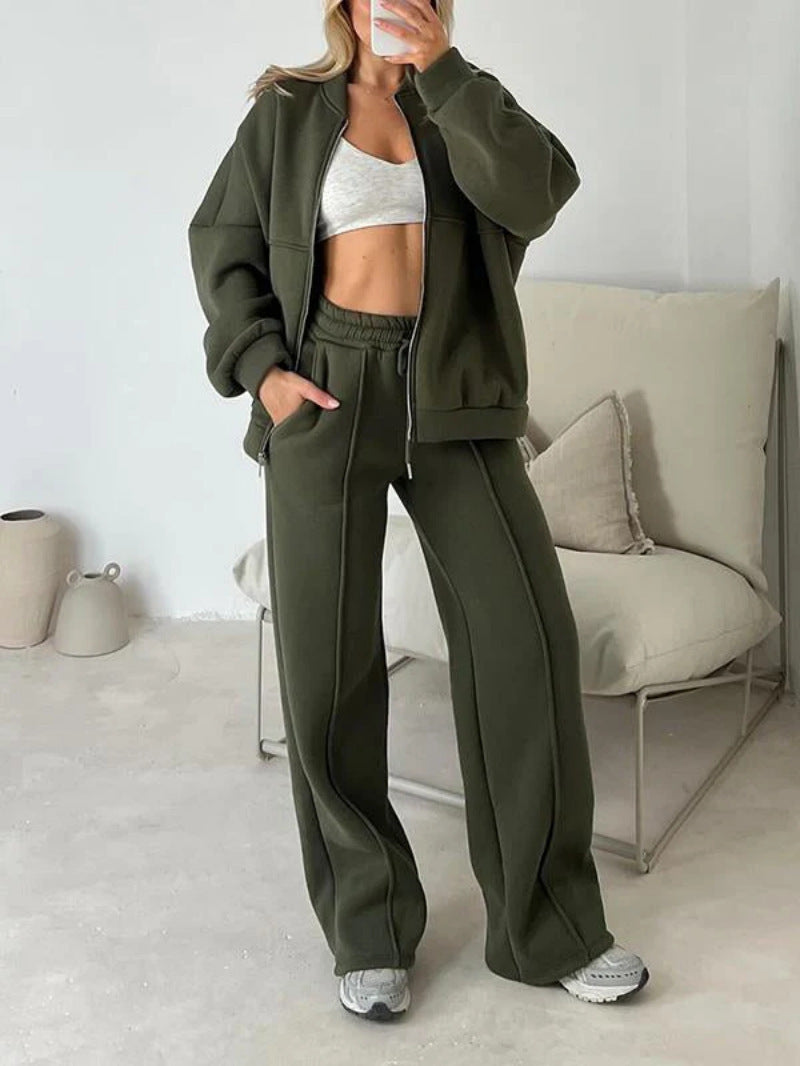 Fashion Casual Solid Color Long-sleeved Sweater Zipper Trousers Two-piece Set