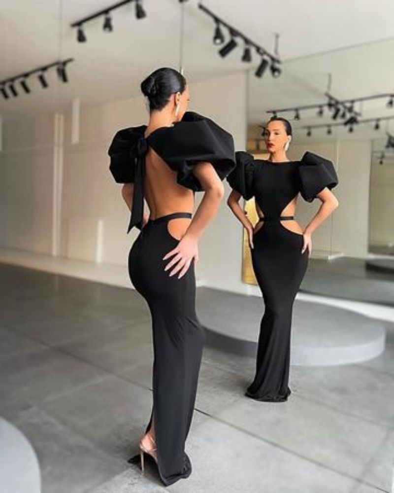 Hip-wrapped Dress Puff Sleeve Banquet Evening Dress