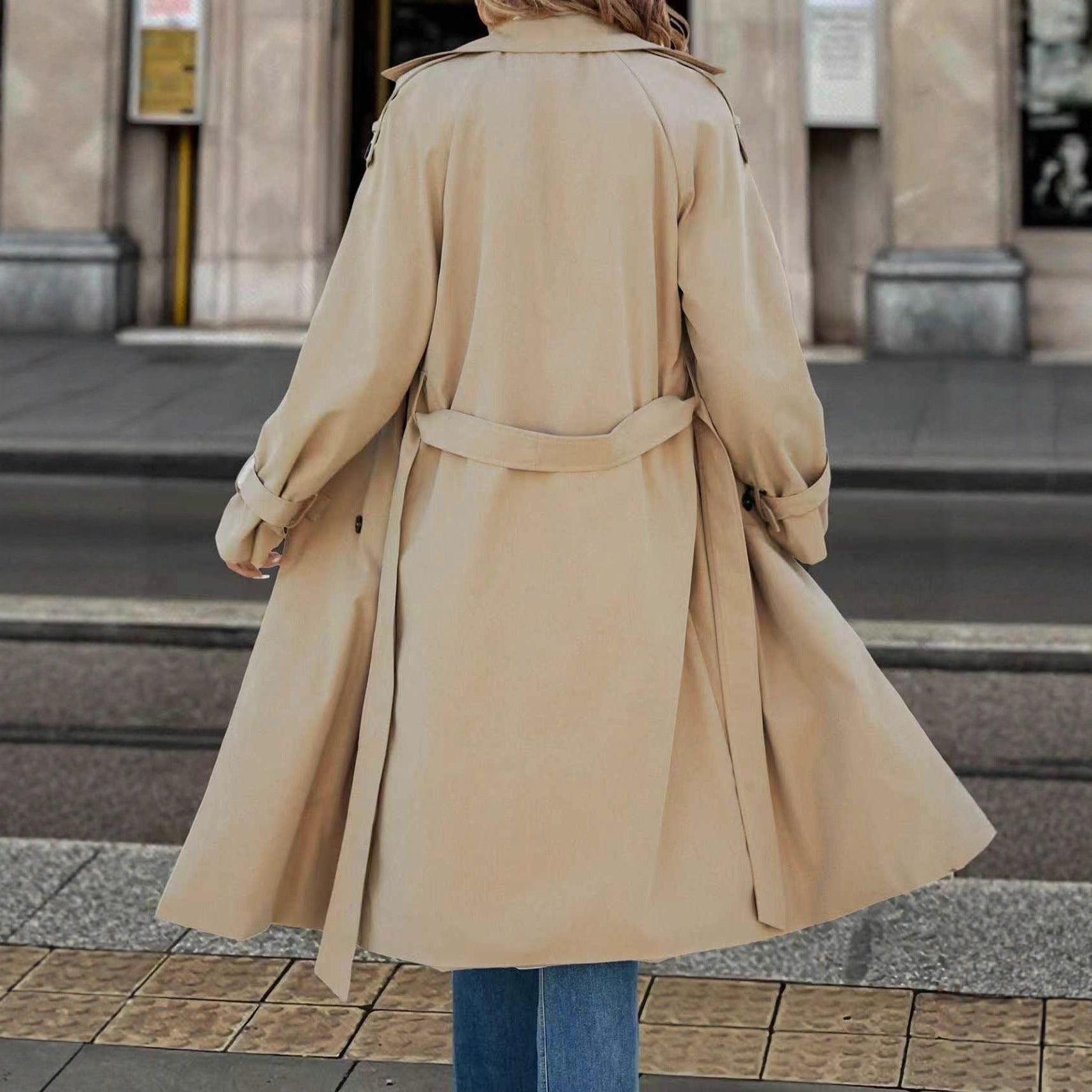 European And American Women's Clothing Double Breasted Belt Fleece Trench Coat Coat
