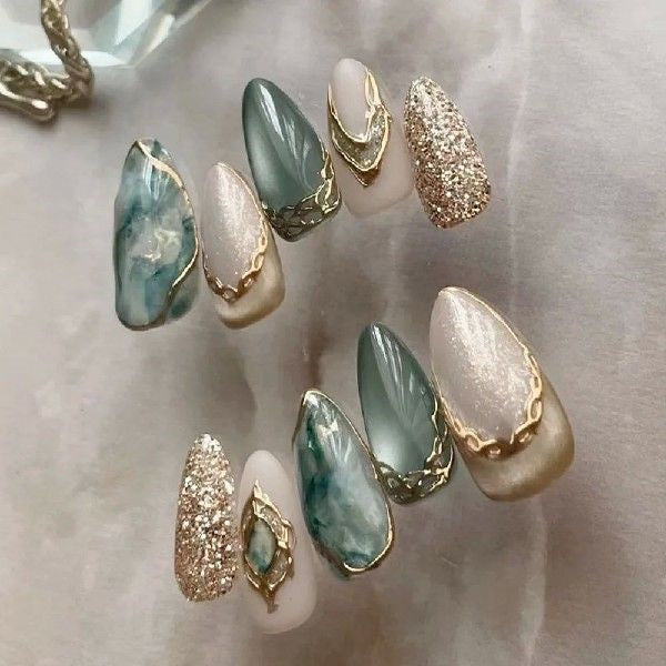 24pcs Manicure Long Almond False Nails Flowers Aurora