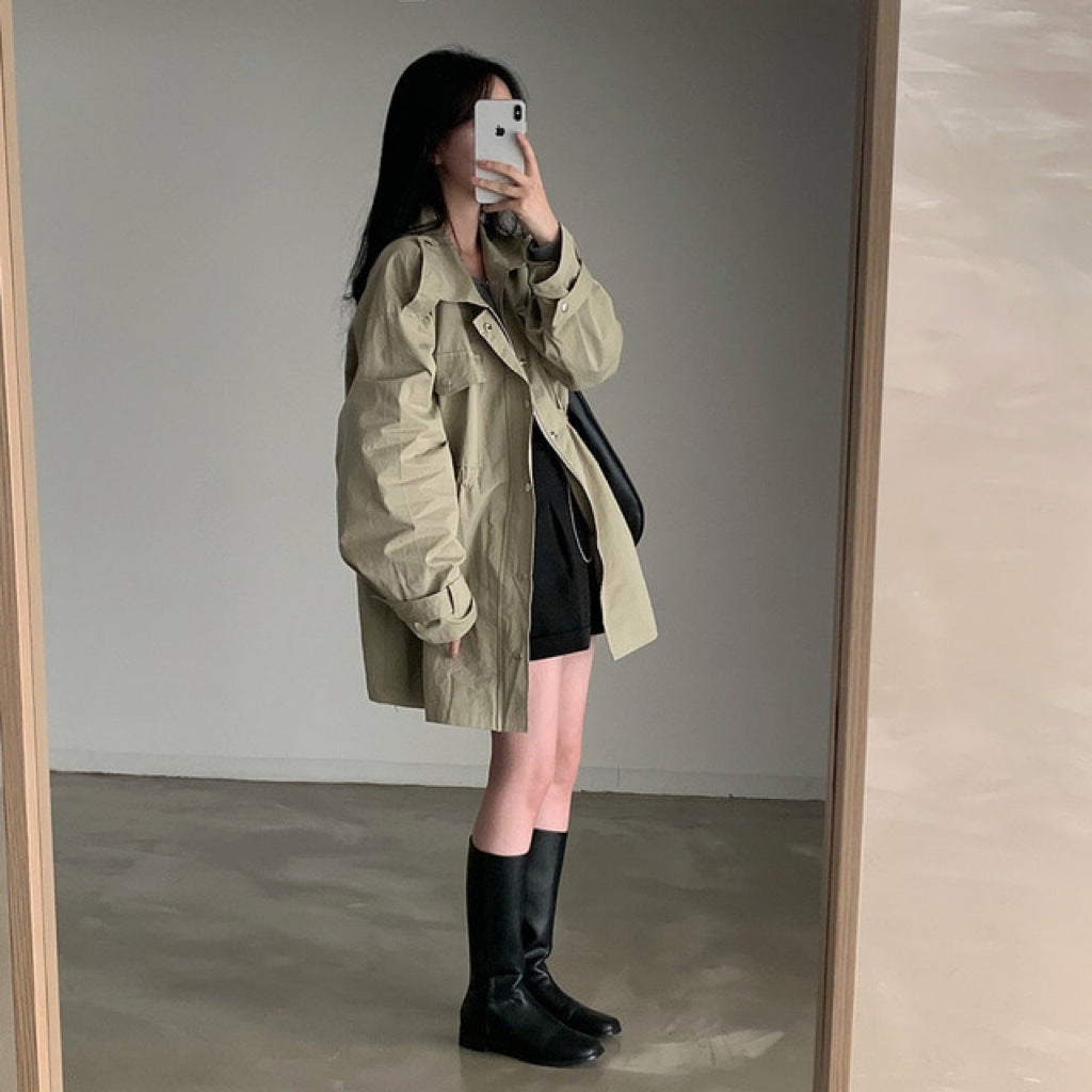 Chic Autumn Idle Style Mid-length Loose Single-breasted Lapel Overall Trench Coat