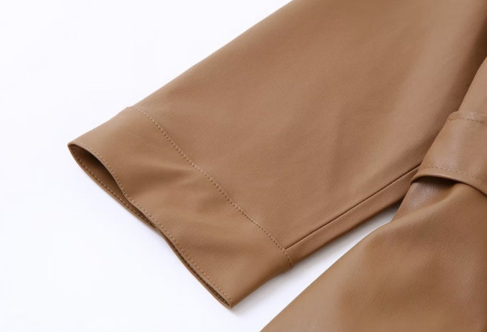 Women's Lapel Single-breasted Khaki PU Dress