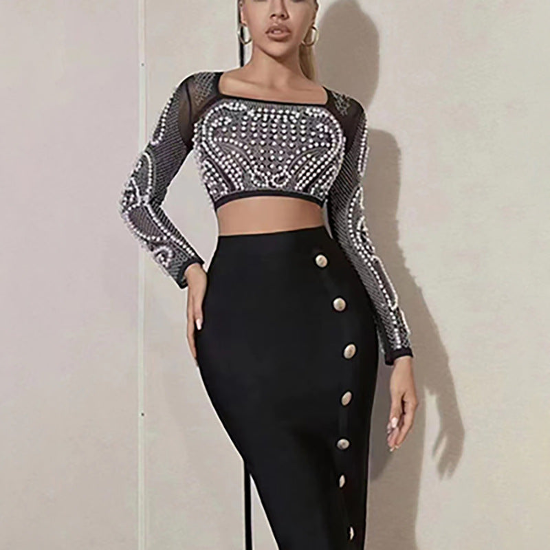 Women's Square Collar Heavy Industry Beads Rhinestone Long Sleeve Two-piece Suit