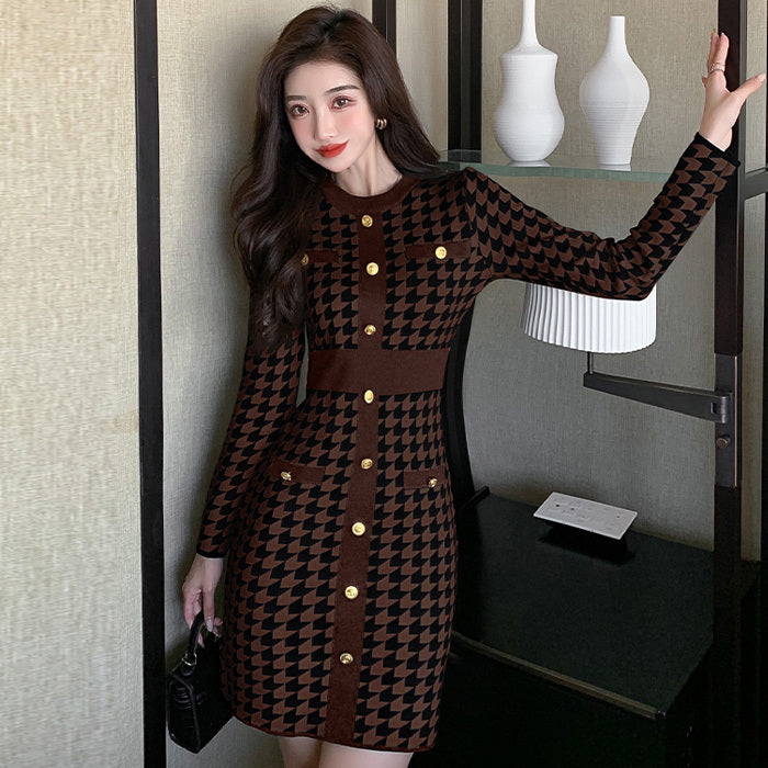 Check Colorblock Single Breasted Knit Pack Hip Dress