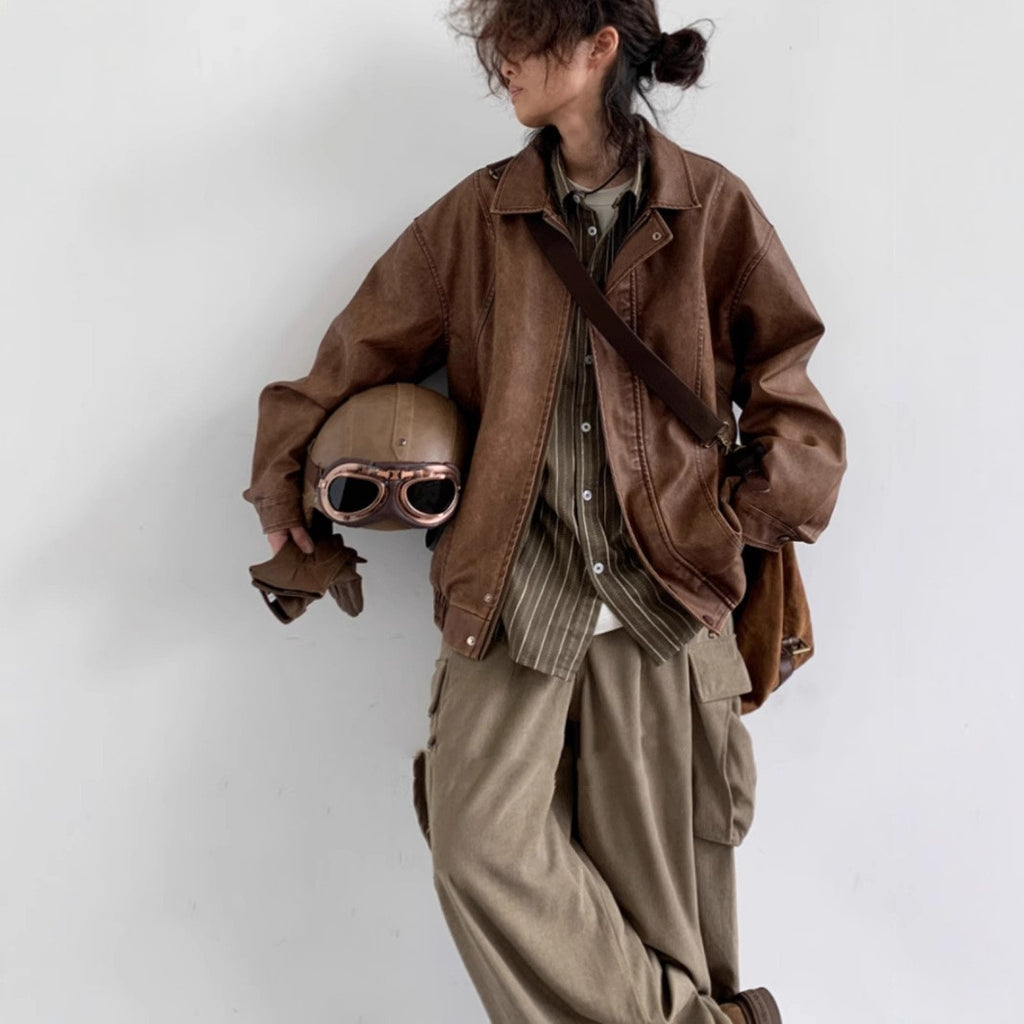 All-match PU Leather Jacket American Retro