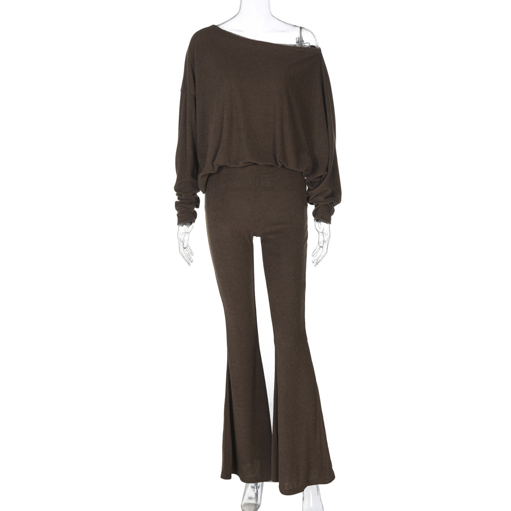 Instagram-style Off-shoulder Long-sleeve High-waist Flared Pants Fashionable Women's Suit
