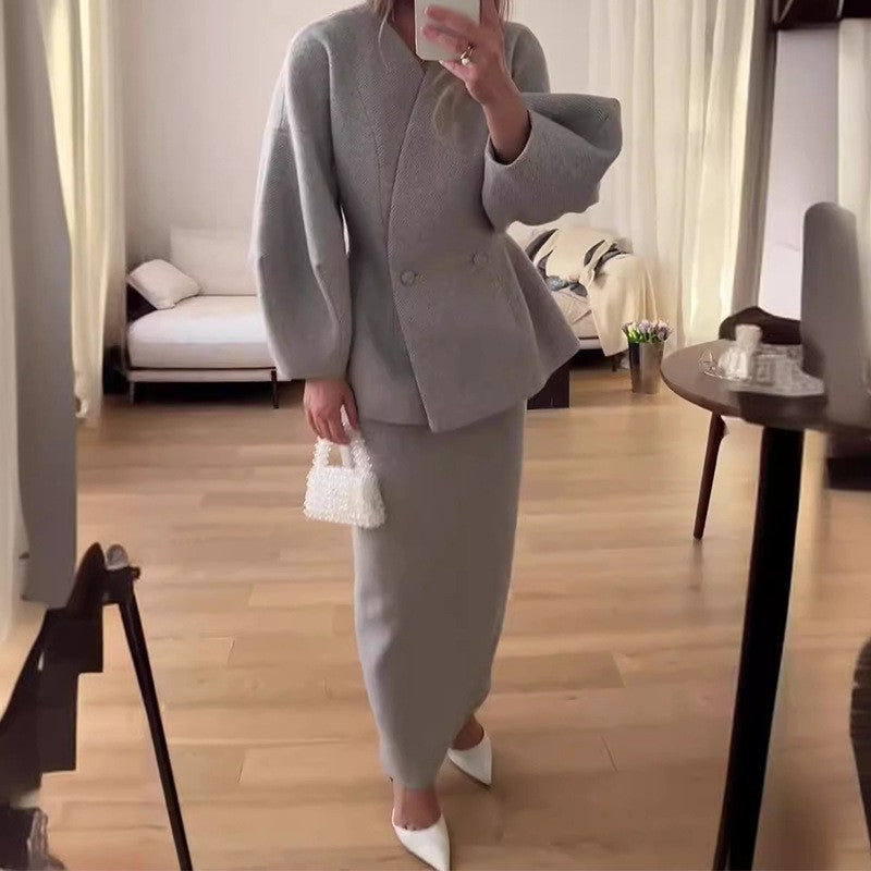 Women's Fashion Solid Color Buttons Puff Sleeve Skirt Dress Suit