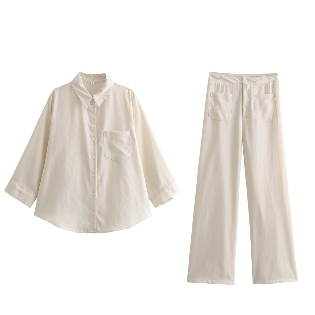 Women's Lapel Single Breasted Patch Pocket Long Sleeve Shirt Wide Leg Casual Trousers