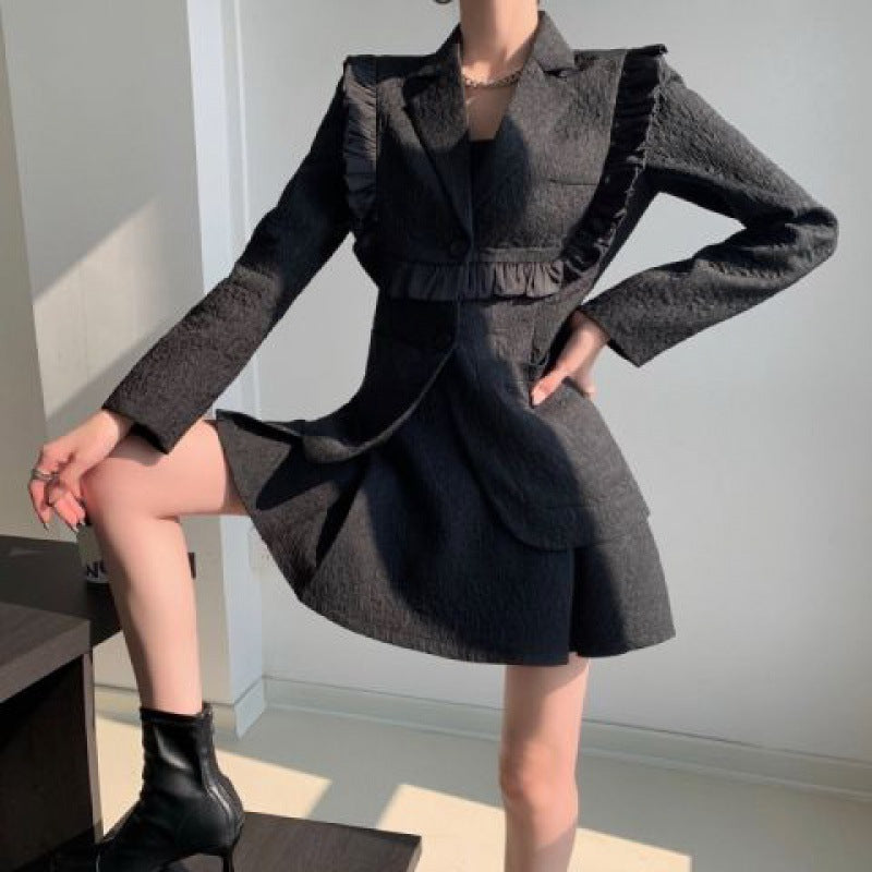 Jacquard Wood Ear Suit Long-sleeved Suit Women Retro Temperament Skirt