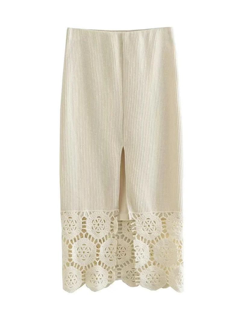 Crochet Solid Color Lace-up Top Back Slit Half Skirt Suit