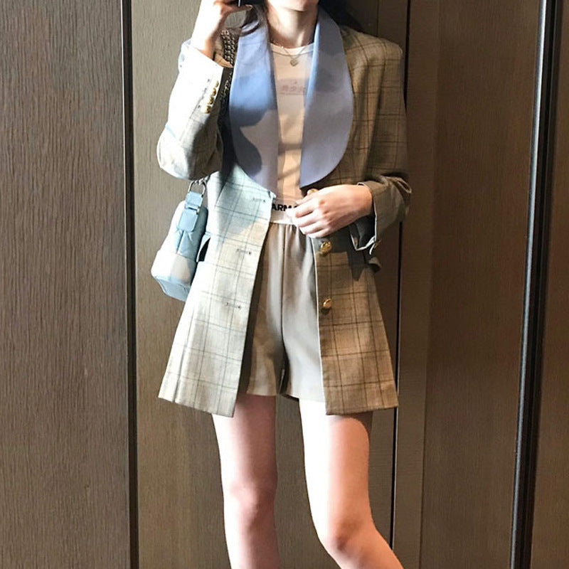 Retro Plaid Suit Single-breasted Pleated Dress Temperament Professional Wear