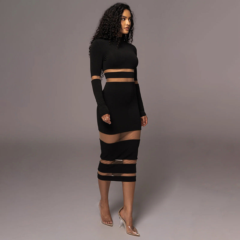 Mesh Patchwork Turtleneck High Waist Slim Long Dress