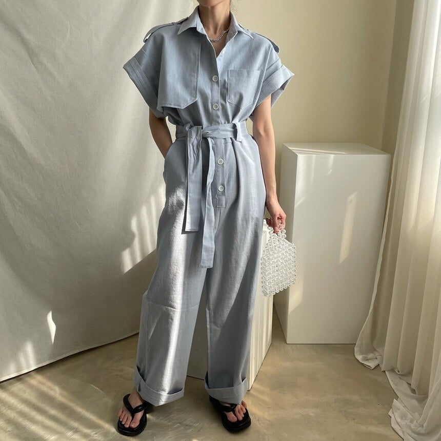 Temperament Lapel Single Breasted Lace Up Waist Multi Pocket Tooling Wide Leg Jumpsuit