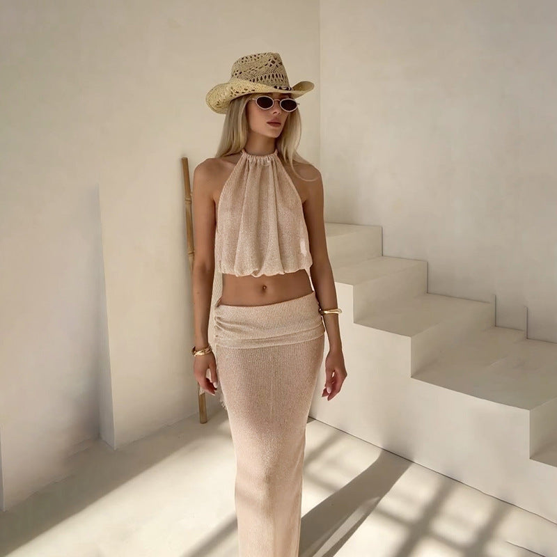 Womens Midriff-Baring Tank Top And Sheath Maxi Dress Set