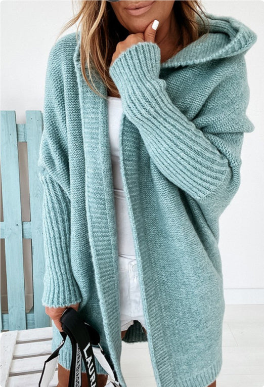 Ins Knitted Hooded Cardigan Fashion Loose Solid Color Batwing Sleeve Sweater Autumn And Winter Women's Clothing