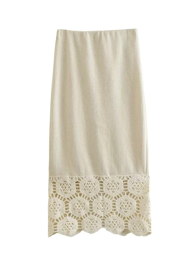 Crochet Solid Color Lace-up Top Back Slit Half Skirt Suit