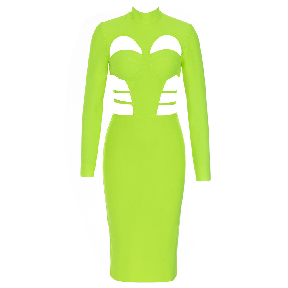 Retro Back Hollow-out Slit Slim-fitting Long Sleeve Dress