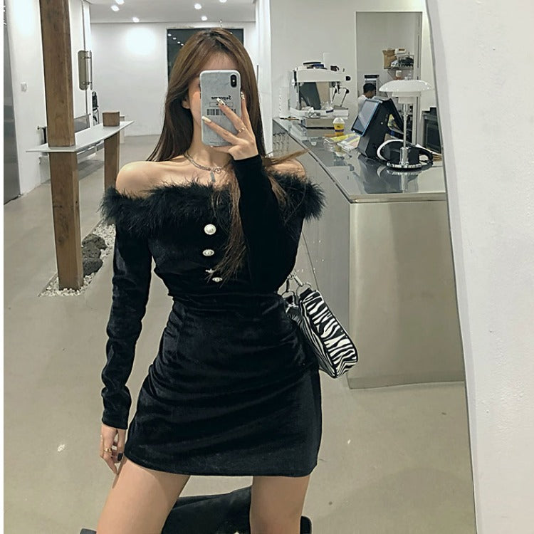 Long-sleeved Slim-fit Hip-bottomed Gold Velvet Dress