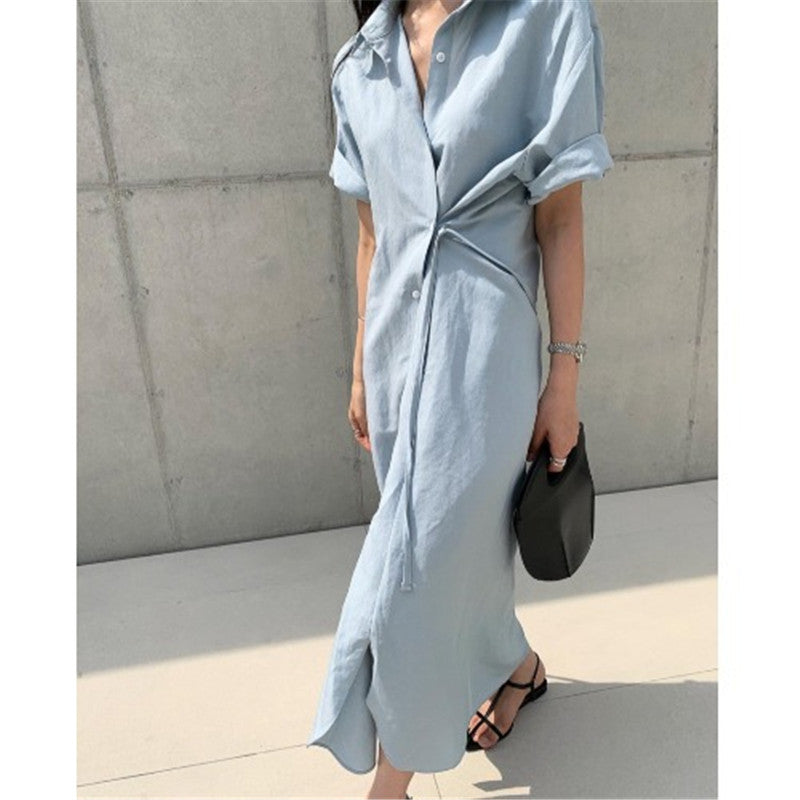 Minimalist Single-breasted Shirt Dress Over The Knee Long Skirt
