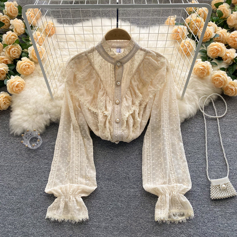 Women's Stand Collar Ruffle Lace Long Sleeve Shirt