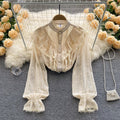 Women's Stand Collar Ruffle Lace Long Sleeve Shirt
