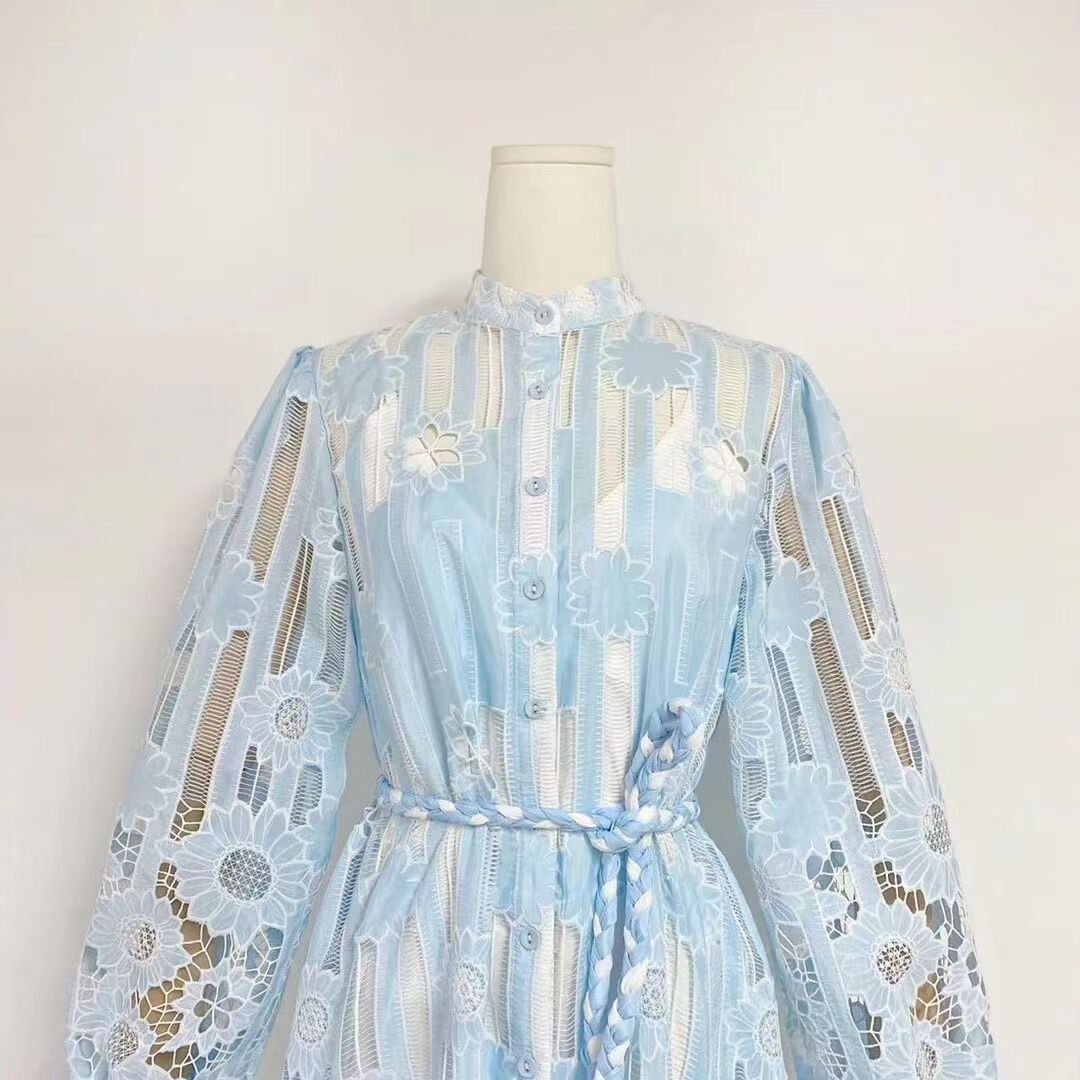 Single-breasted Woven Belt Flower Embroidery Hollow Dress