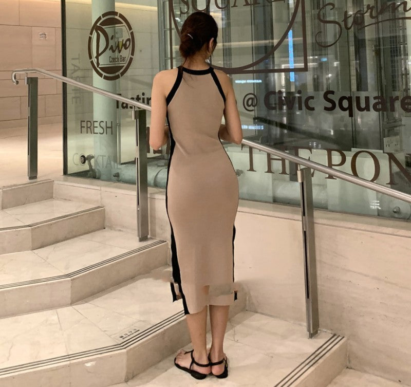 New Sleeveless Strap Tank Top Contrast Knit Dress