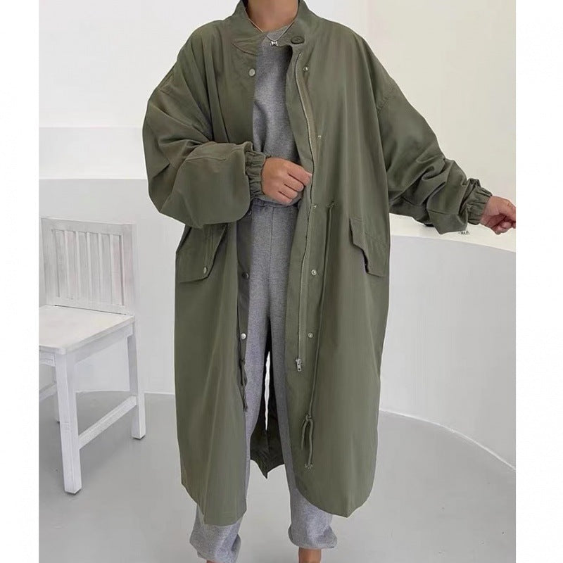 Autumn Winter Retro Idle Style Stand Collar Single-breasted Loose Long Sleeve Trench Coat Women
