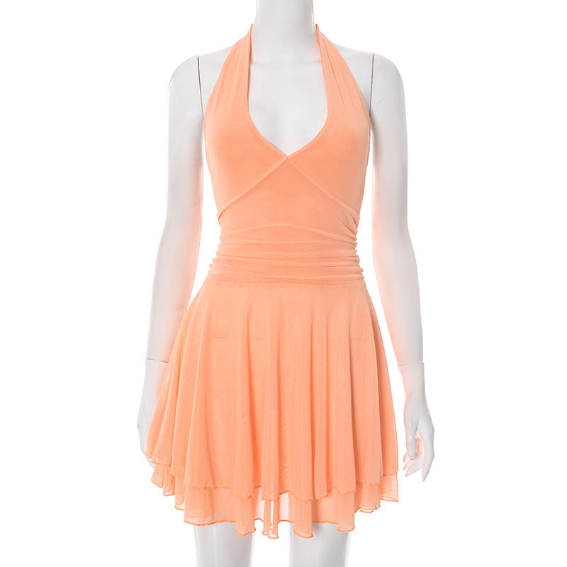Women's Pure Color Halter Lace-up Deep V-neck Backless Mesh Pleated Skirt Dress