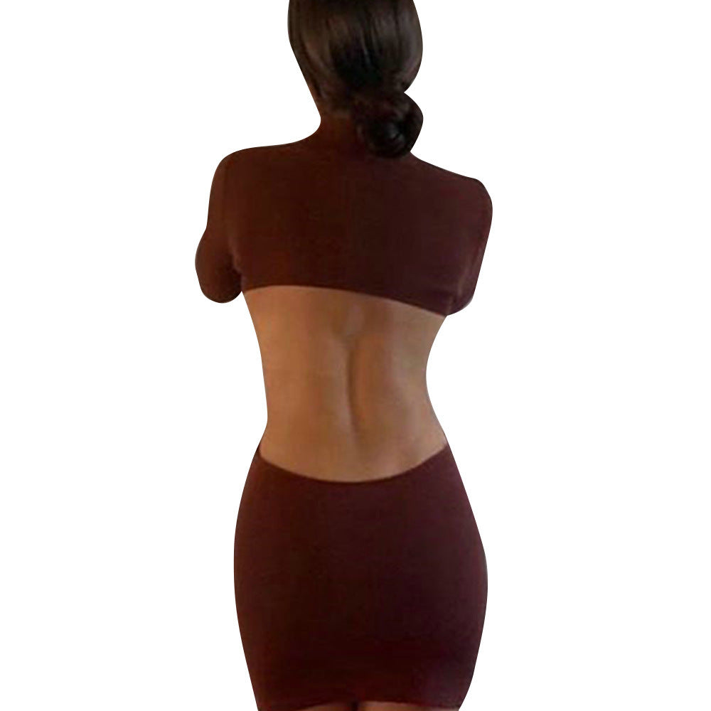 Sexy High-neck Tight-fitting Buttocks Solid Color Dress