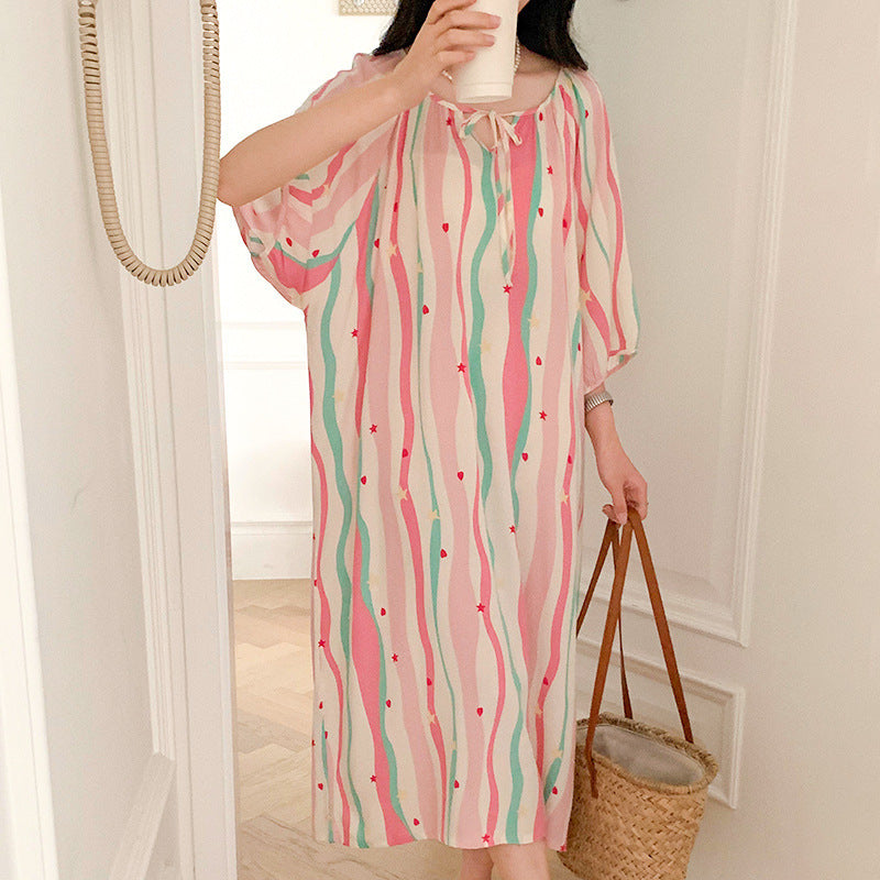 Women's Printed Cotton Nightdress Striped Plus Size Pajamas