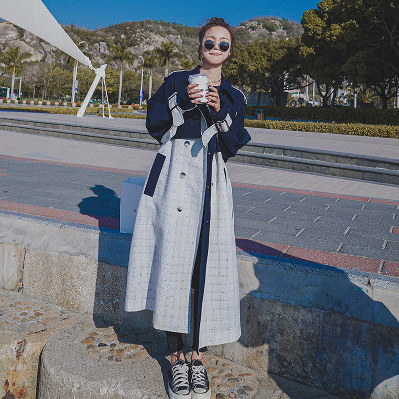 Women's Windbreaker Korean Style Hit Color Double-breasted Plaid Fashion Mid-length Coat