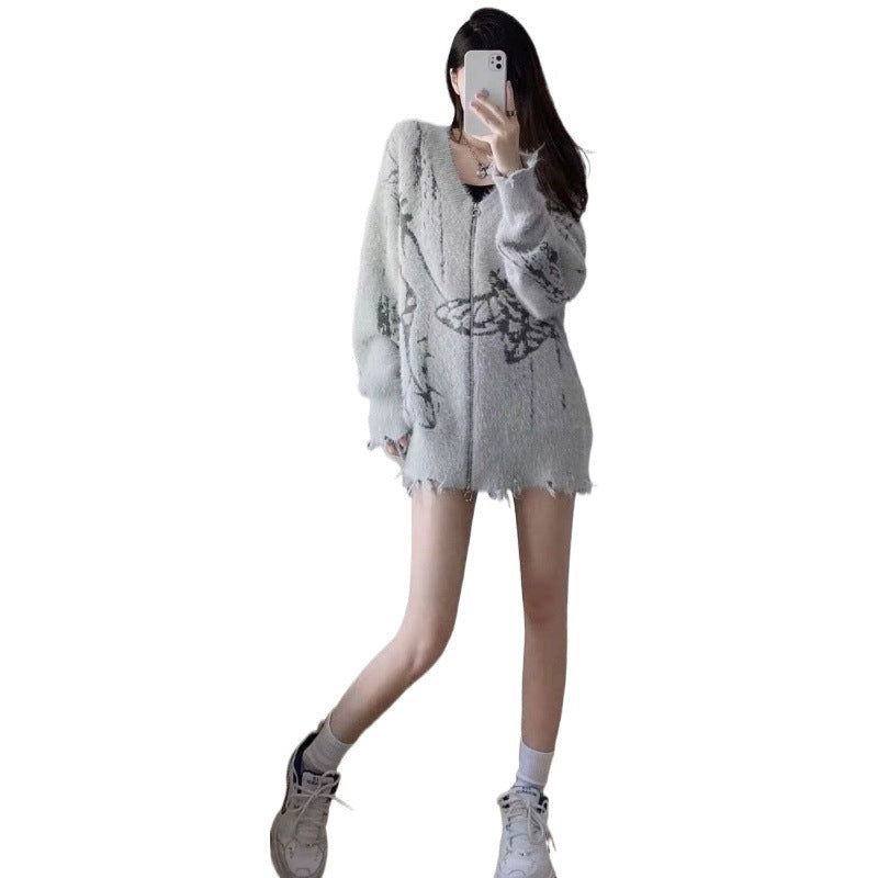 Printed Sweater Coat Mink-like Cut Loose Casual