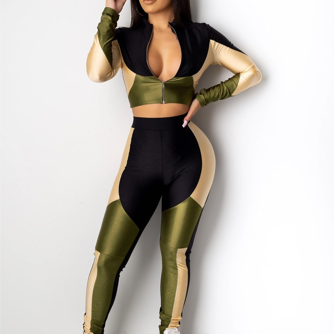 Women's Three-color Stitching Long-sleeved Sports Two-piece Suit