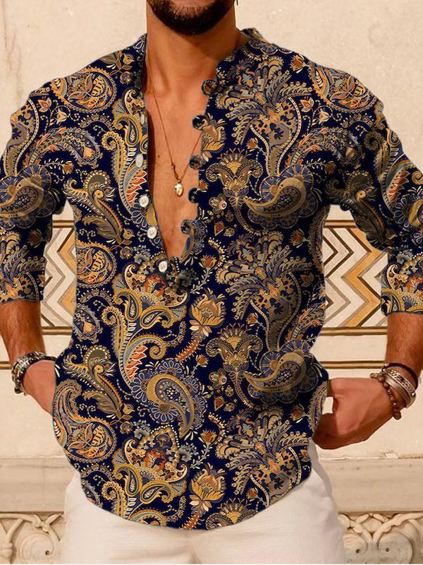 Young Casual Thin Printed Long Sleeve Stand Collar Men's Shirt