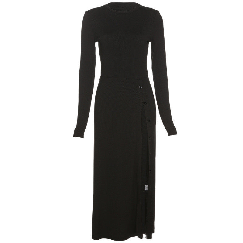 Ladies Round Neck Long Sleeve Single-breasted High Split Hip Dress
